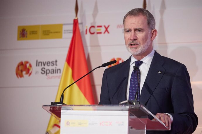 O Rei Felipe VI inaugura o Fórum Internacional 'Invest in Spain Summit', no Casino de Madrid, em 28 de abril de 2025, em Madrid (Espanha). Organizado pela ICEX, o Fórum Internacional 'Invest in Spain Summit' reúne, em sua primeira edição, executivos de ma