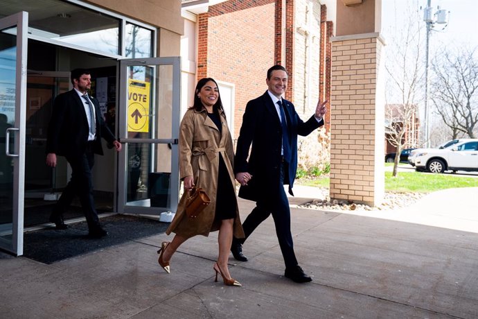 April 28, 2025, Ottawa, On, Canada: Conservative Party Leader Pierre Poilievre, right, and his wife Anaida Poilievre depart a polling station after voting in Ottawa on Monday, April 28, 2025.