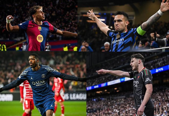 Archivo - Semifinalistas de la Liga de Campeones, de arriba abajo y de izquierda a derecha: Lamine Yamal (FC Barcelona), Lautaro Martínez (Inter de Milán), Ousmane Dembélé (PSG) y Declan Rice (Arsenal)