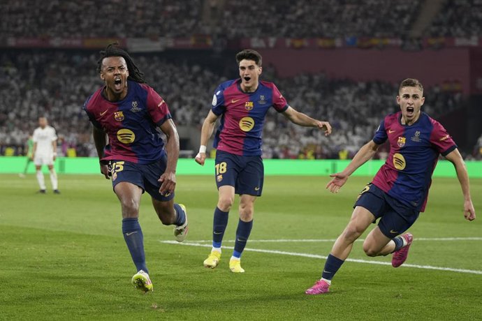 Jules Kounde of FC Barcelona celebrates a goal during the Spanish Cup, Copa del Rey, Final football match played between FC Barcelona and Real Madrid at La Cartuja Stadium on April 26, 2025 in Sevilla, Spain.