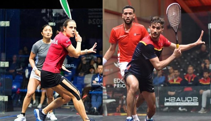 Los jugadores españoles de squash Marta Domínguez (izquierda) e Iker Pajares