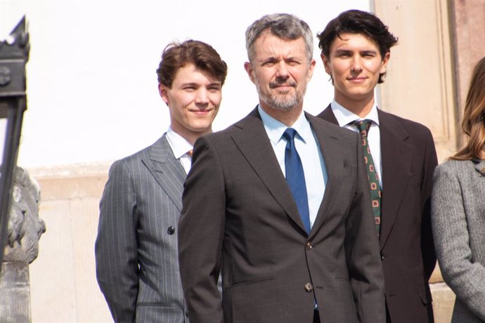 April 16, 2025, Fredensborg, North Zealand, Denmark: Count Felix of Monpezat (L), King Frederik (C) and Count Nikolai of Monpezat (R) pose for a photo during Queen Margrethe's 85th birthday in the Inner Palace Courtyard at Fredensborg Palace.