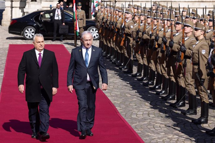 BUDAPEST, April 3, 2025  -- Hungarian Prime Minister Viktor Orban (L) holds a welcoming ceremony for his Israeli counterpart Benjamin Netanyahu in Budapest, Hungary on April 3, 2025.
