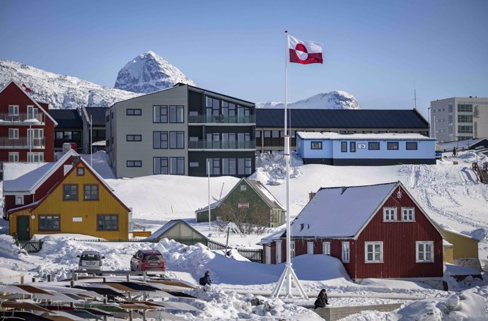 March 30, 2025, Nuuk, GREENLAND: The flag of Greenland in the colony harbor in Nuuk, Greenland at the end of March 2025. .Photo: Johan Nilsson / TT / Code 50090