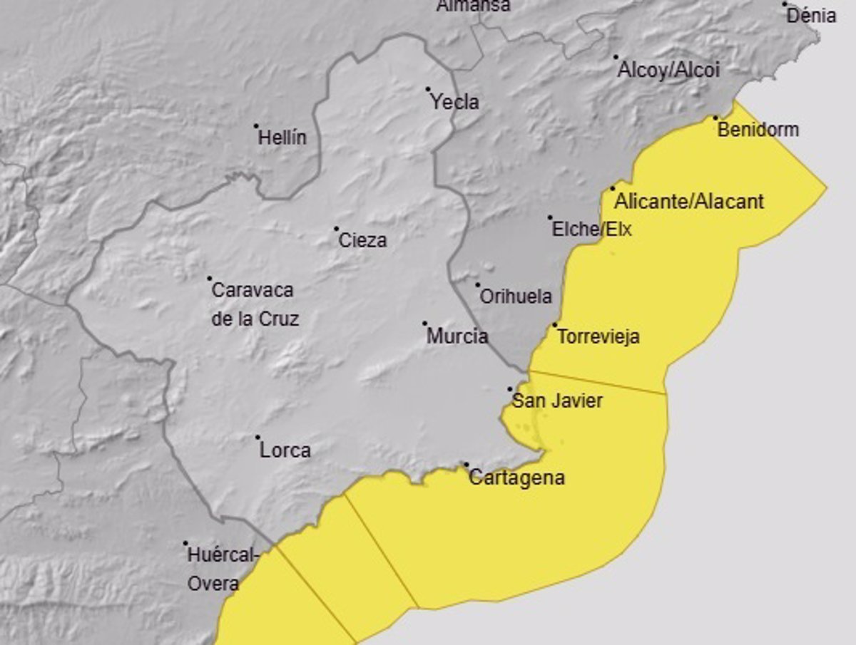La Aemet mantiene su aviso amarillo para este miércoles por fenómenos costeros en el litoral de la Región de Murcia