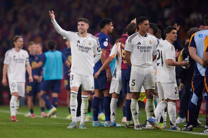 Federico Valverde of Real Madrid gestures during the Spanish Cup, Copa del Rey, Final football match played between FC Barcelona and Real Madrid at La Cartuja Stadium on April 26, 2025 in Sevilla, Spain.