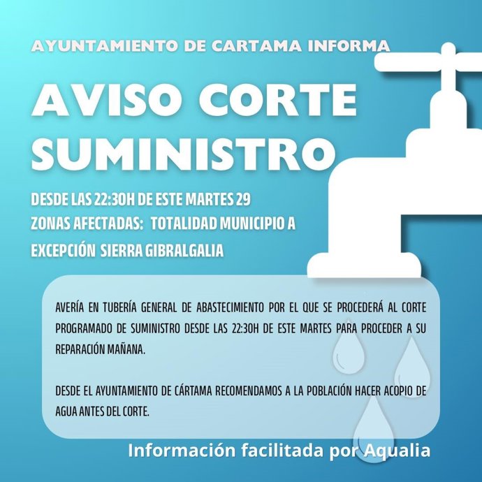 Cártama permanece sin agua tras una avería en la principal tubería de abastecimiento del municipio.