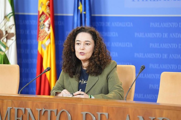 La portavoz del grupo Por Andalucía, Inma Nieto, en rueda de prensa en el Parlamento andaluz.