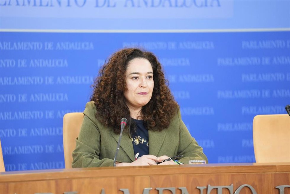 La portavoz del grupo parlamentario Por Andalucía, Inma Nieto, en rueda de prensa en el Parlamento.