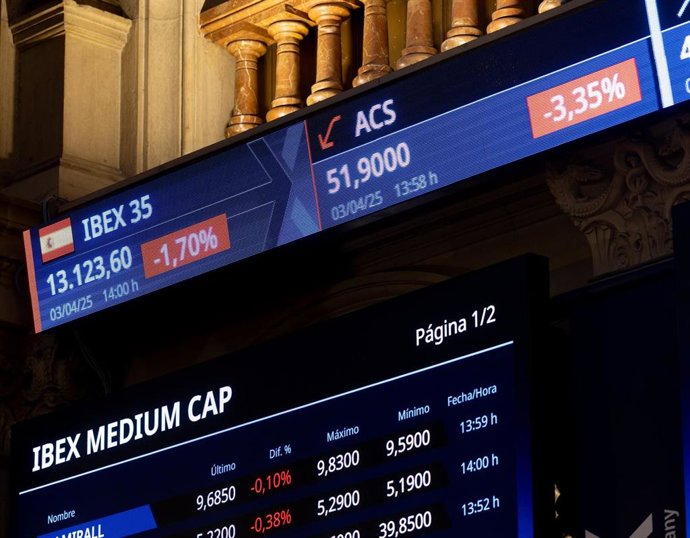 Paneles del Ibex, en el Palacio de la Bolsa de Madrid, a 3 de abril de 2025, en Madrid (España). 