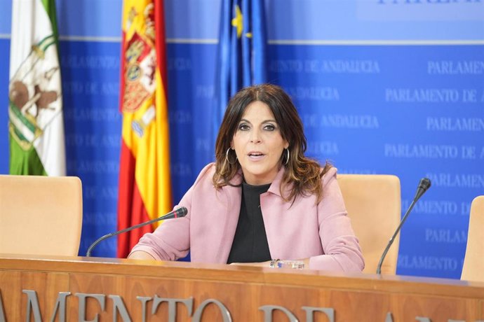 La portavoz adjunta del Grupo Socialista, Ángeles Férriz, en rueda de prensa en el Parlamento andaluz.