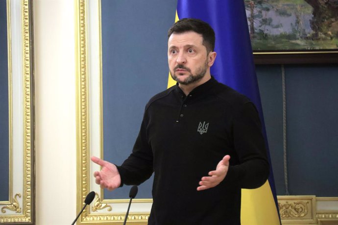 04 April 2025, Ukraine, Kiev: Ukrainian President Volodymyr Zelensky speaks during a press conference in Kiev. Photo: -/Ukrinform/dpa