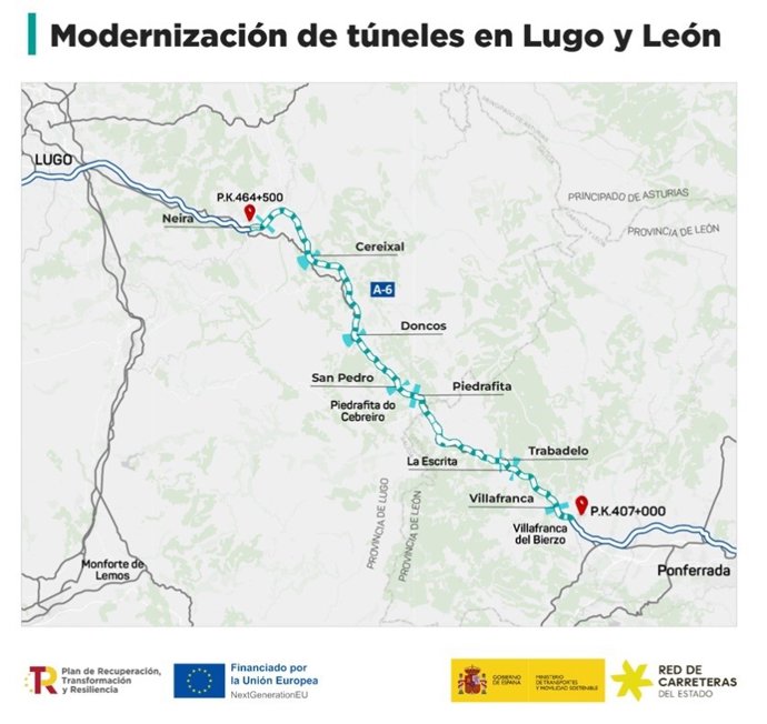 Transportes inicia las obras de modernización de ocho túneles de la A-6 en el puerto de Piedrafita, en León y Lugo
