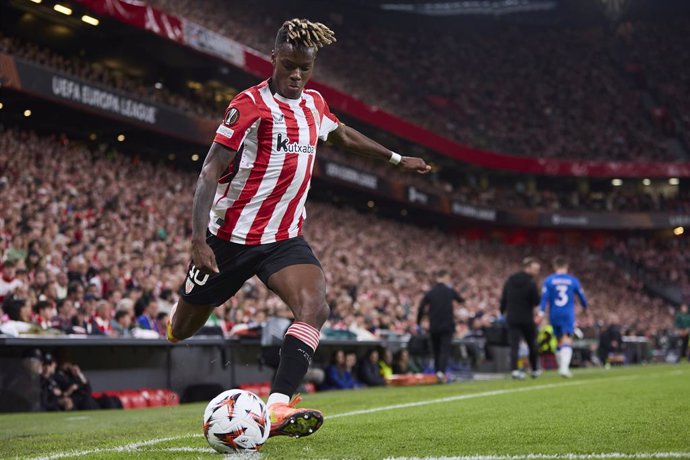 Nico Williams of Athletic Club in action during the UEFA Europa League match between Athletic Club and Rangers FC at San Mames on April 17, 2025, in Bilbao, Spain.