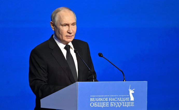 29 de abril de 2025, Rússia, Rússia, Federação Russa: O presidente russo, Vladimir Putin, participa da reunião geral do Fórum do Grande Patrimônio e Futuro Comum em Volgogrado, em 29 de abril de 2025