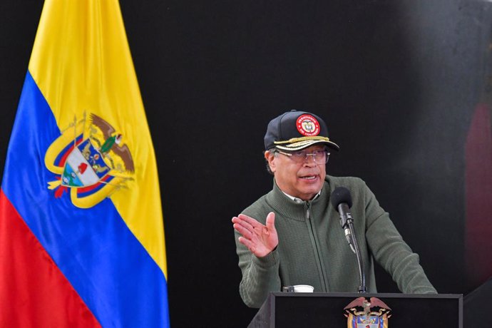 April 5, 2025, Pasto, Narino, Colombia: Colombian president Gustavo Petro takes part during an event in the city of Pasto, announcing the destruction of war materials and incorporation in crop sustitution programs of the 'Comunueros del Sur' an ELN dissid
