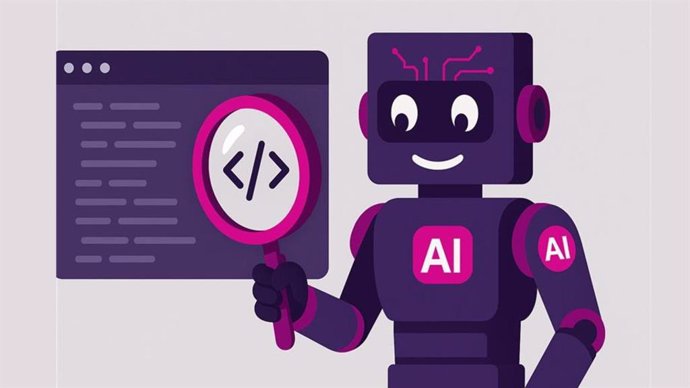 Illustration of AI robot inspecting website code - Atomic Leap free AI SEO Audit