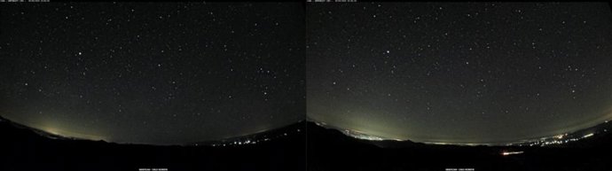 Comparativa de imágenes captadas en dirección noreste por el Observatorio de Calar Alto a las 23,00 horas UT. A la izquierda, la noche del 28 de abril durante el apagón; a la derecha, la noche del 29 de abril, ya con suministro eléctrico.