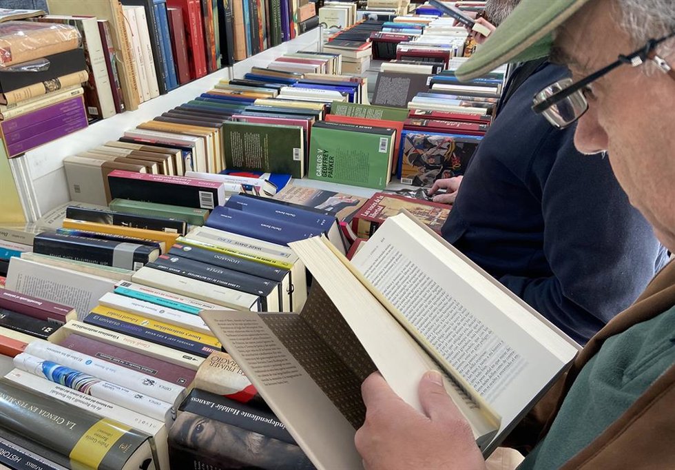 Archivo - Un visitante consulta un ejemplar de la Feria del Libro Antiguo y de Ocasión de Madrid