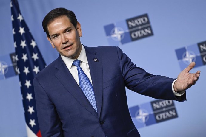 April 3, 2025, Brussels, Belgium: US Secretary of State MARCO RUBIO speaks during a press statement at NATO headquarters in Brussels, Belgium, at the start of a two-day NATO foreign ministers meeting addressing alliance unity, support for Ukraine, and coo