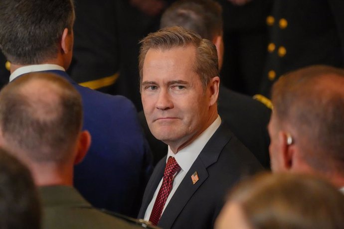April 15, 2025, Washington, District of Columbia, USA: Mike Waltz, National Security Advisor, attends the Commander in Chief trophy presentation in the White House. President DONALD TRUMP presented the trophy to the service academy with the best record ag