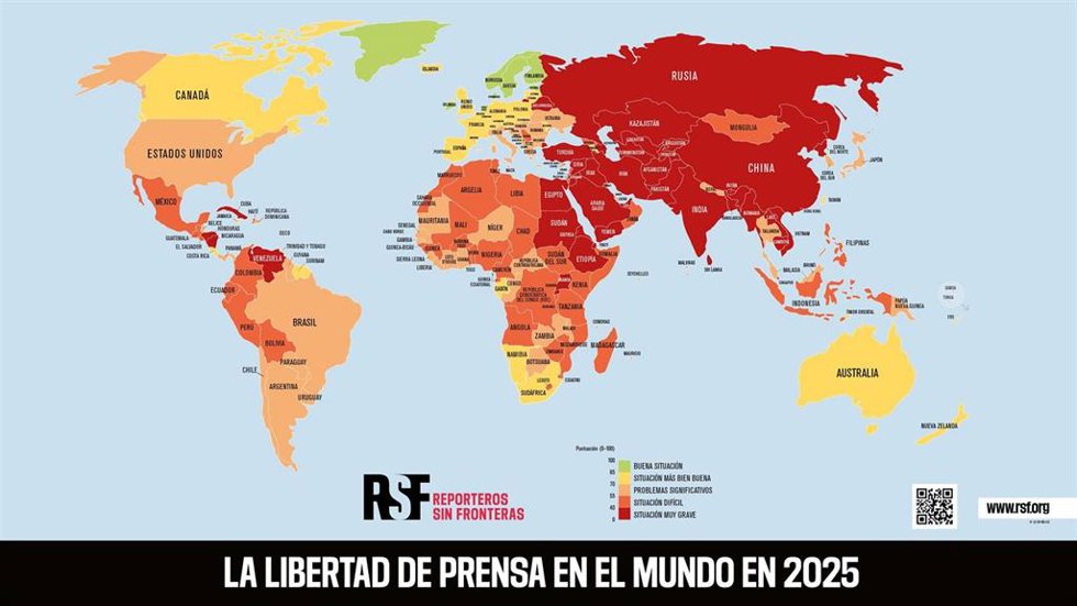 España ha mejorado siete posiciones en la Clasificación Mundial de la Libertad de Prensa 2025 de Reporteros Sin Fronteras (RSF) alcanzando el mejor resultado en la historia del ránking, al pasar del puesto 30 al 23 de los 180 países y territorios.