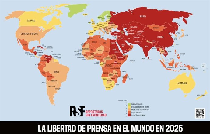 Mapa sobre la Clasificación Mundial de la Libertad de Prensa 2023 por parte de Reporteros Sin Fronteras (RSF).