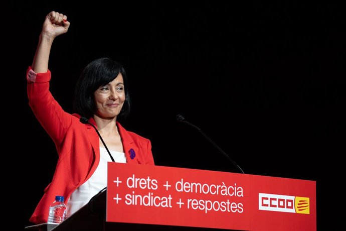 La nueva secretaria general de CCOO Catalunya, Belén López, durante el 13 Congreso de CCOO de Catalunya, a 11 de abril de 2025, en Barcelona, Catalunya (España). Durante la jornada de ayer, aprobaron el Informe de gestión con un 99,2 % de apoyo de los del