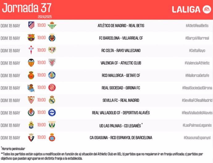La penúltima jornada de LaLiga EA Sports se jugará de manera unificada el domingo 18 de mayo a las 19.00 horas