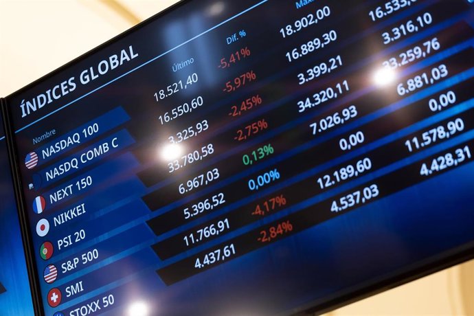 Un panel del IBEX 35 en el Palacio de la Bolsa de Madrid, a 4 de abril de 2025, en Madrid (España). 