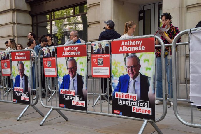 April 26, 2025, London, England, United Kingdom: Posters promote Anthony Albanese as Australians cast their votes at Australia House, the Australian High Commission in central London, ahead of the Australian federal election.