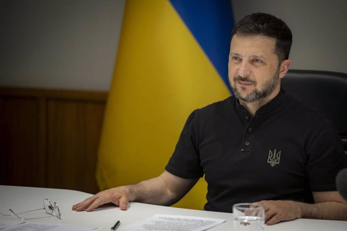 April 29, 2025, Kyiv, Ukraine: Ukrainian President Volodymyr Zelenskyy, delivers remarks by video conference to the 10th plenary session of the Three Seas Initiative, April 29, 2025 in Kyiv, Ukraine.