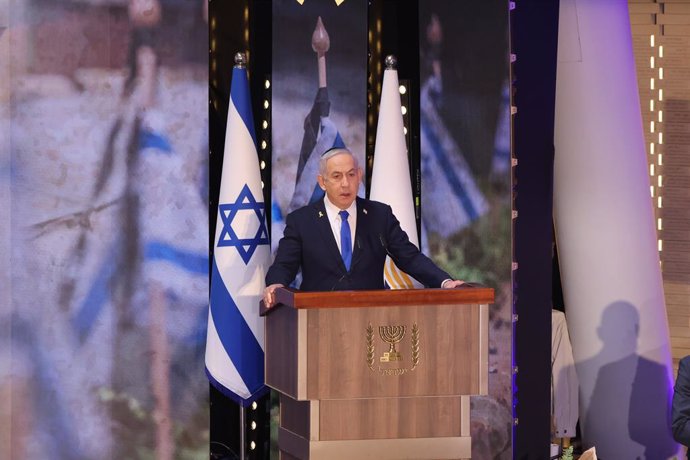 JERUSALEM, May 1, 2025  -- Israeli Prime Minister Benjamin Netanyahu speaks at a ceremony on Memorial Day for fallen soldiers at Mount Herzl in Jerusalem, April 30, 2025. Israel marked Memorial Day for fallen soldiers from sunset, April 29, to nightfall, 