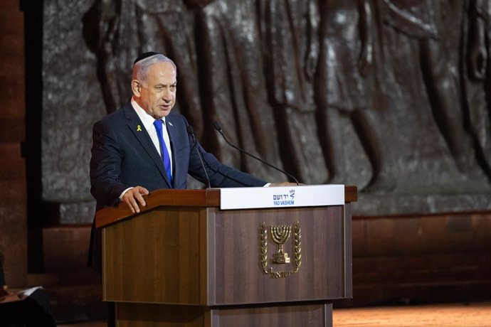 JERUSALEM, April 23, 2025  -- Israeli Prime Minister Benjamin Netanyahu speaks during the commemoration of Holocaust Martyrs' and Heroes' Remembrance Day at Yad Vashem in Jerusalem, on April 23, 2025. Israel on Wednesday started commemorating its annual H