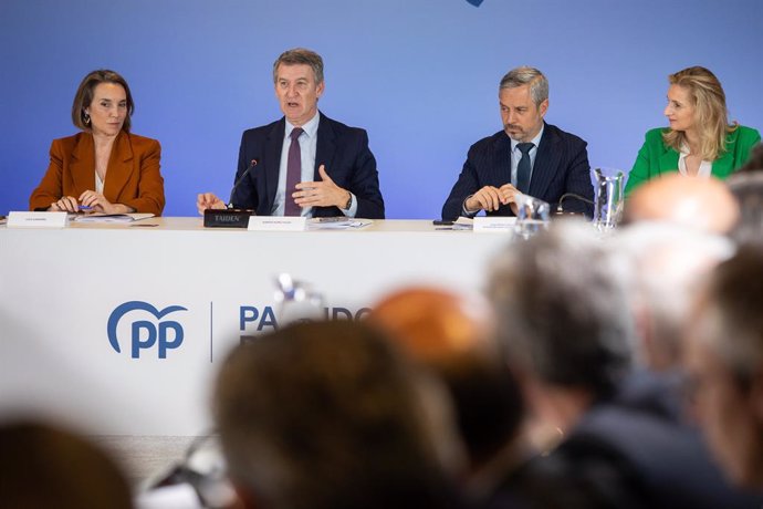 (I-D) La secretaria general del PP, Cuca Gamarra; el presidente del Partido Popular, Alberto Núñez Feijóo, el diputado del PP Juan Bravo y la senadora del PP Paloma Martín durante una reunión con asociaciones y representantes de las organizaciones más afe