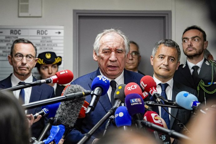 April 23, 2025, Saint-Quentin_fallavier, Auvergne Rhone Alpes, France: FranÃois Bayrou en conférence de presse entouré de Bruneau Retailleau et Gérald Darmanin en soutien au personnel pénitentiaire, aprÃs plusieurs attaques DDFP ÂÂ Droits Des Prisonnie
