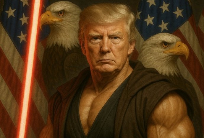 O presidente dos EUA, Donald Trump, vestido como um jedi da saga de filmes "Star Wars".