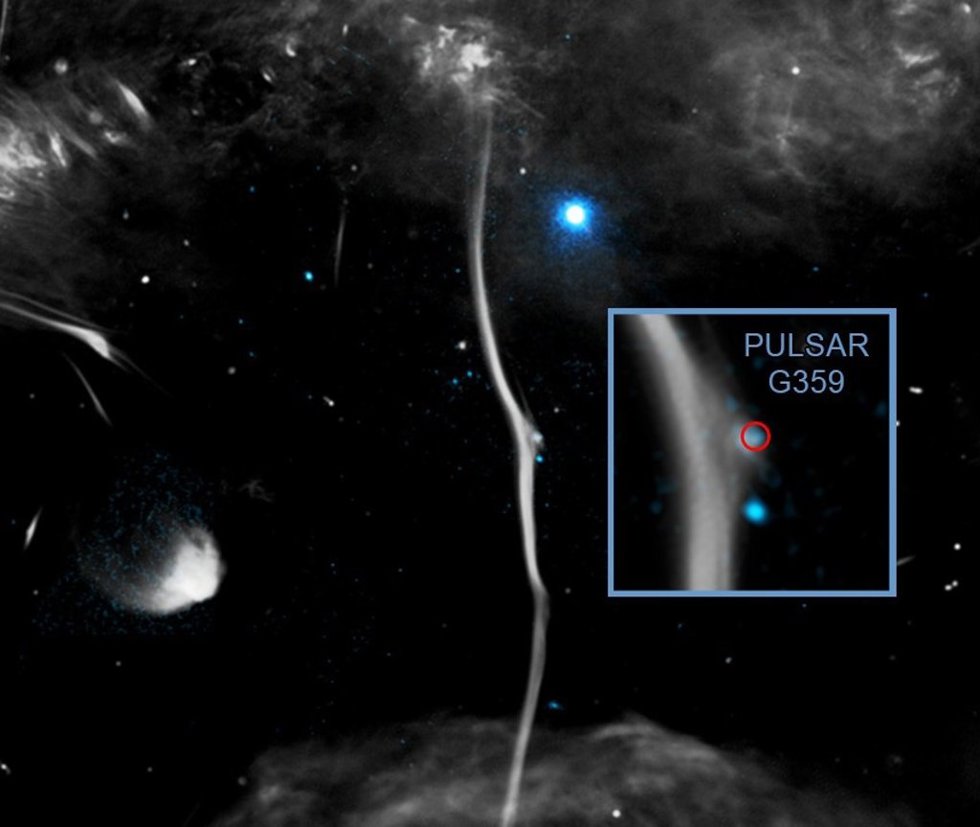 Un hueso galáctico ha sido fracturado por un púlsar en movimiento según datos de Chandra y radiotelescopios.