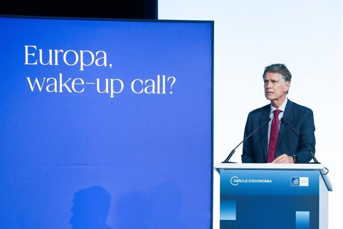 El presidente del Cercle d’Economa, Jaume Guardiola, durante su intervención en la 40 Reunió Cercle d'Economia, en el Palau de Congressos de Catalunya