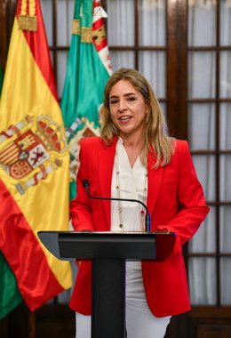 La presidenta de la Diputación de Cádiz, Almudena Martínez, en rueda de prensa.
