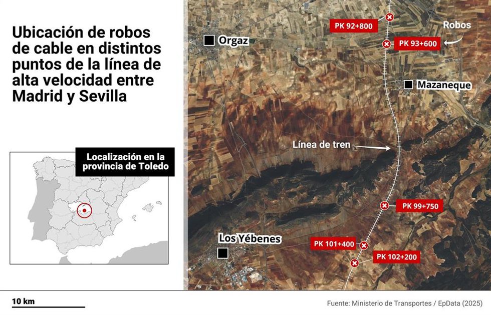 Ubicación de robos de cable en distintos puntos de la línea de alta velocidad ente Madrid y Sevilla