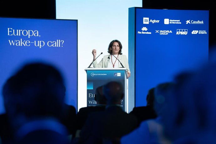La vicepresidenta ejecutiva de la Comisión Europa para la Transición Limpia, Justa y Competitiva, Teresa Ribera, interviene durante la 40 Reunió Cercle d'Economia, en el Palau de Congresos de Cataluña, a 5 de mayo de 2025, en Madrid (España). La edición d