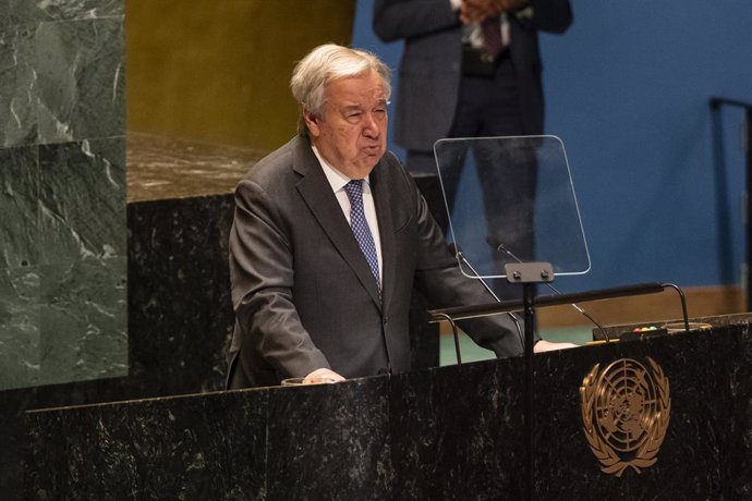 April 29, 2025, New York, New York, United States: Secretary-General Antonio Guterres speaks during UN General Assembly tribute to the memory of His Holiness Pope Francis at UN Headquarters in New York