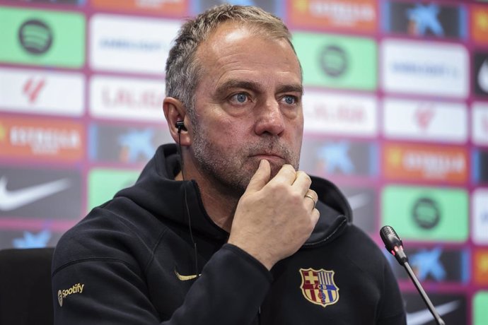 Hansi Flick, head coach of FC Barcelona attends his press conference during the training day of FC Barcelona ahead the Spanish League, La Liga EA Sports, football match against Real Valladolid at Ciudad Esportiva Joan Gamper on May 02, 2025 in Sant Joan D