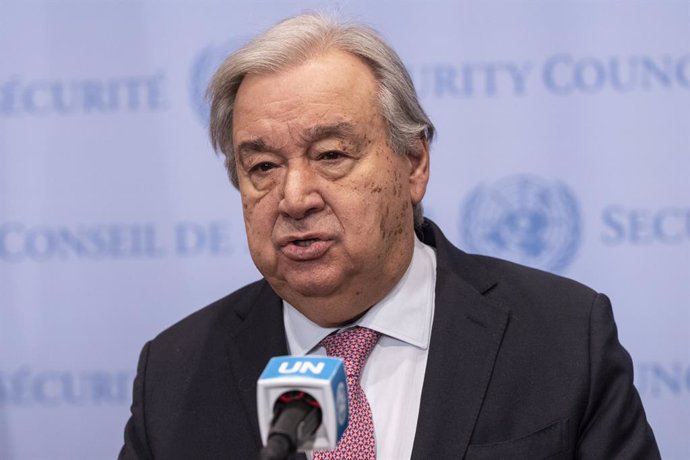 April 8, 2025, New York, New York, United States: Secretary-General Antonio Guterres delivers remarks on situation in Gaza at UN Headquarters in New York