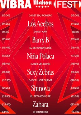 Cartel de horarios del Vibra Mahou Fest Gijón 2025.