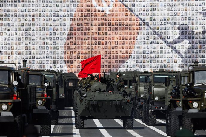 May 3, 2025, St. Petersburg, Russia: BTR-82A and other military equipment at the Victory Day Parade rehearsal on Palace Square in St. Petersburg. A rehearsal for the Victory Day Parade on May 9 was held on Palace Square in St. Petersburg. This year, Russi