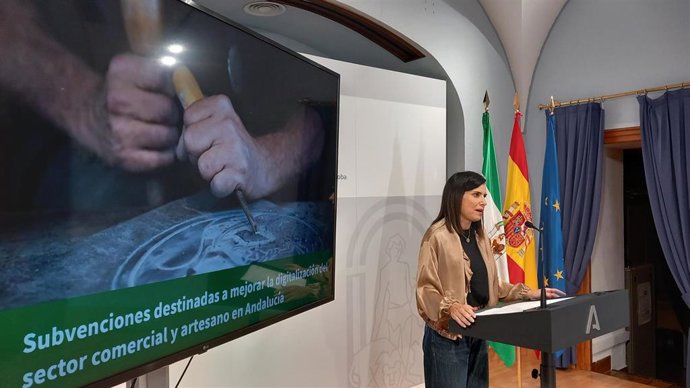 María Dolores Gálvez, en la presentación de las ayudas para la promoción y digitalización del comercio y la artesanía.