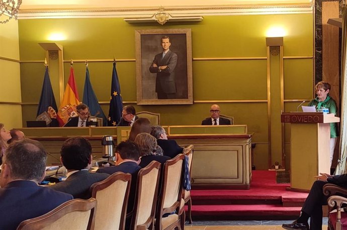 La portavoz del 'Colectivo ciudadano Distrito Este de Oviedo', Pilar Alonso, interviene en el pleno municipal.