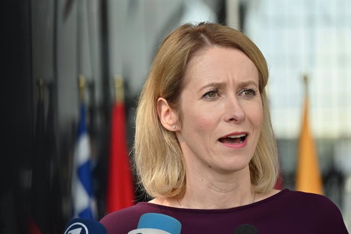 10 April 2025, Belgium, Brüssel: EU High Representative for Foreign Affairs Kaja Kallas talks to journalists as Defence ministers from the "coalition of the willing" nations, who are some of Kiev's closest allies, meet at NATO headquarters in Brussels on 